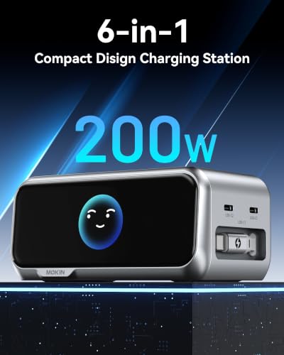 Image of MOKiN 200W Charging Station with Retractable Cord, 6-Port Desktop Charger