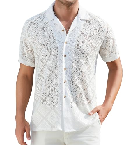 Damipow Men's Lace Shirts Short Sleeve Hollow Out Casual Button Down Beach Shirts,Ocean White,L
