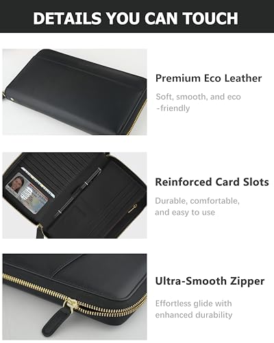 Image of Large Capacity Travel Wallet for Women,RFID Blocking Zipper Wallet with AirTag Slot,Passport Holder Clutch with Wristlet(Black)