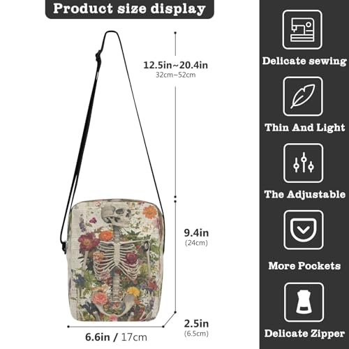 Crossbody Bag Gothic Skull Skeleton Newspaper Flower Messenger Bag for Women Men Purse Shoulder Bag Satchel Bag with Adjustable Strap 214B93883