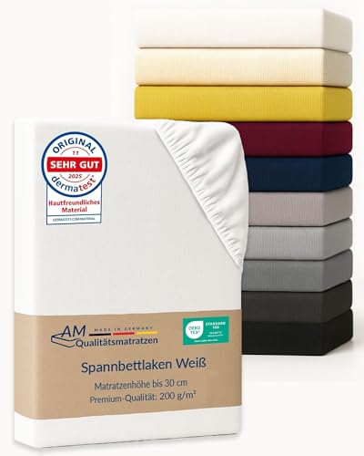 AM Qualitätsmatratzen Premium Spannbettlaken 280x200 Familienbett in Weiß - Made in Germany - Oeko TEX zertifiziertes Spannbettlaken für Familienbett Baumwolle (200gsm) - 30 cm hoch - Jersey