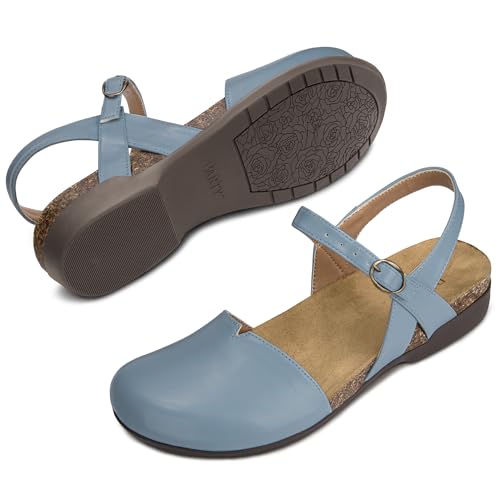 Image of PARTY Closed Toe Sandals Women, Barefoot Arch Support Flat Sandals for Office Work and Travel with Comfortable Cork Footbed