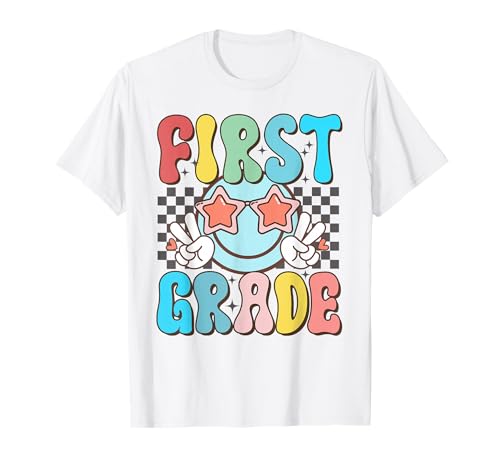 First Grade Retro Groovy Smile Face 1st Grade Teacher Women T-Shirt