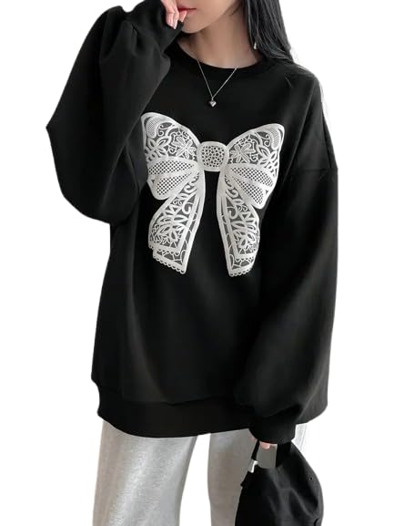 Women's Y2K Aesthetic Crew Neck Sweatshirt with Butterfly Print, Long Sleeve Slight Stretch Pullover for Spring/Fall - Regular Fit Black-image-49