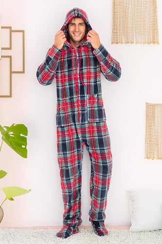 Alexander Del Rossa Adult Onesies for Men, Mens Onesie Pajamas Adults, Fleece Onesie for Men, Hooded Footed Mens Onsie Classic Tartain Plaid 2XL Tall (A0320W702XLT)4