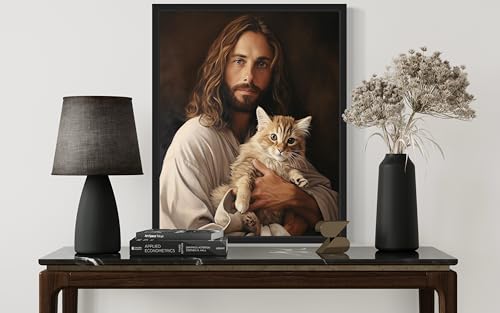 Jesus love Cat Art Print Poster, Religious Faith Spiritual Wall Art Painting Worship Prayer, Religious Art for Living Room and Bathroom 34 (Jesus love Cat, 10"L x 8"W, Black Frame)