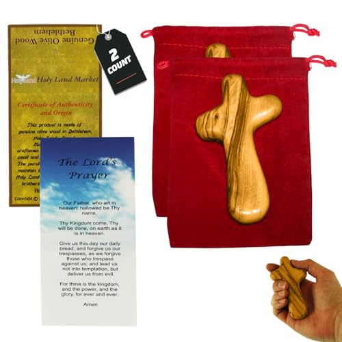 Two Olive Wood Comfort Crosses with Velvet Bags & Lord's Prayer Card - The Holding or Hand Cross (4 inches) - Large