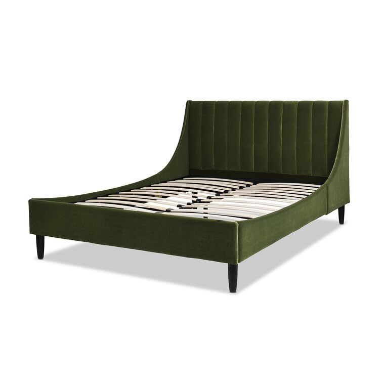 Image of HITHOS Solid Wood Modern Upholstered Queen Size Bed with Wingback Headboard | Wooden Double Bed Cot Palang Without Storage (Olive Green) 1 Year Warranty