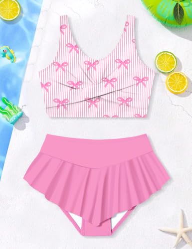 Image of Qaoerde Girls Swimsuit Tropical Print Bikini Set with Ruffle Hem Two Piece Criss Cross Bathing Suits for Girls 7-16 Years