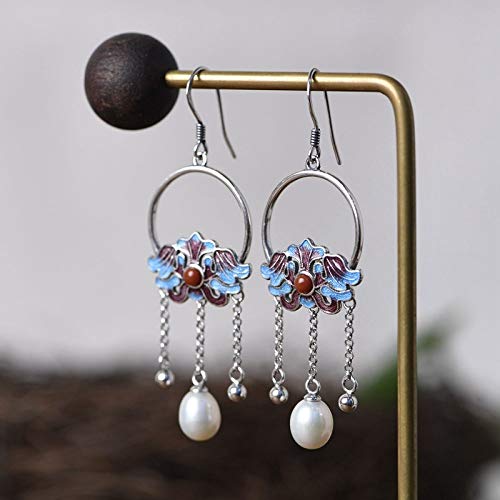 XXFF 925 Sterling Silver Women's Drop Dangle Earrings,Burning Blue Peony Flower Long Dangle Earrings,Vintage Thai Silver National Style Jewelry,Earrings for Women Gifts for Sister Wife Friend