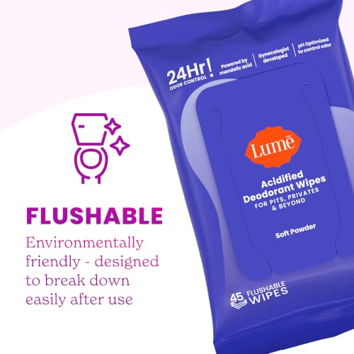Image of Lume Acidified Deodorant Wipes - 24 Hour Odor Control - Aluminum Free, Baking Soda Free, Skin Loving - Flushable - 15 Count (Soft Powder)