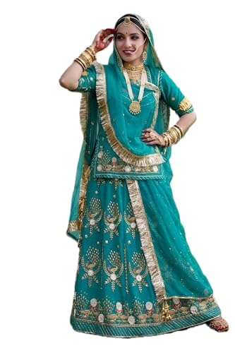 Image of Fancy Heavy Embroidery Work Shimmer Silk Semi-stitched Rajputi Poshak For Women Rajasthani Lehenga Choli