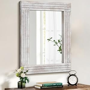 Rechteckiger Spiegel, Wandspiegel mit rustikalem Holzrahmen, Vintage-Hängespiegel für Schlafzimmer, Badezimmer, Wohnzimmer, Bauernhaus, Wanddekoration, weiß, groß, 40 x 30 cm