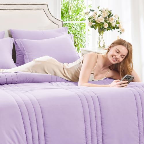 Image of CozyLux King Size Comforter Set Lavender - 7 Pieces Bed in a Bag, Modern Vertical Quilted Room Decor, Soft All-Season Bedding Gift with Comforter, Sheets, Pillowcases & Shams