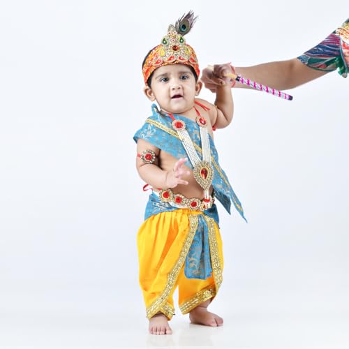Image of ITSMYCOSTUME Krishna Dress for Baby Boy Kids Set of 10(Dhoti,Hip Cover,Patka,Mukut,Morpankh,Bansuri,Kamarband,Bajuband,Kundal) Little Krishna Ji Kanha Janmasthmi Costume