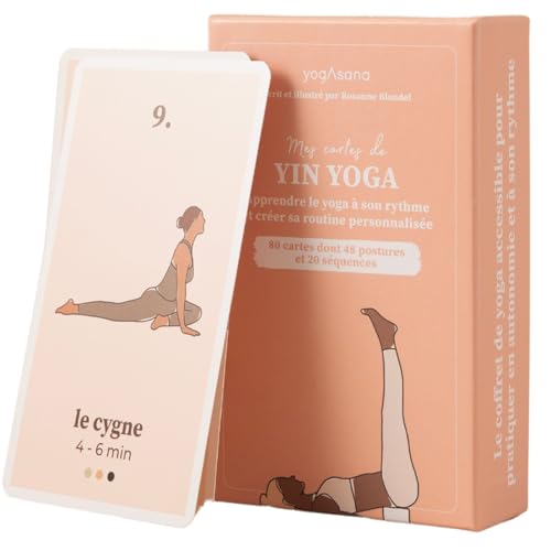 yogAsana Juego de 80 cartas de Yin Yoga en francés - Todos los niveles - Guía de secuencias para perfeccionar - Ilustraciones de posturas y duración de práctica - Meridianos - Beneficios para el cuerp