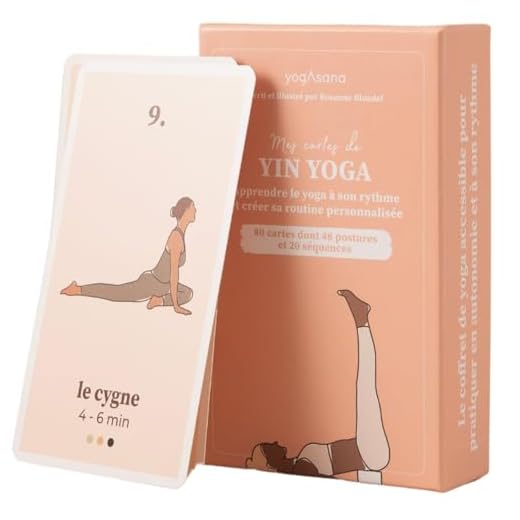 yogAsana Juego de 80 cartas de Yin Yoga en francés - Todos los niveles - Guía de secuencias para perfeccionar - Ilustraciones de posturas y duración de práctica - Meridianos - Beneficios para el cuerp