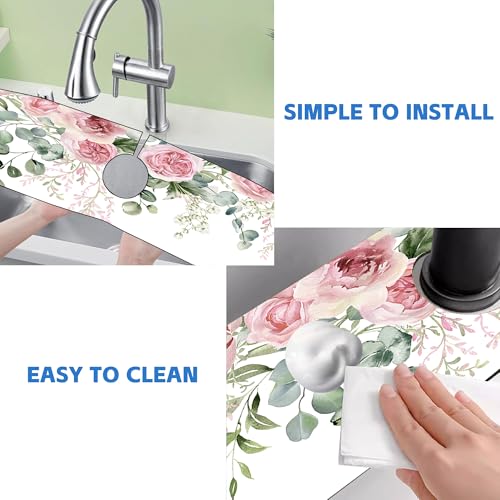 Faucet Mat for Kitchen Sink Watercolor Floral Pink Flowers Sink Splash Guard Behind Faucet Soft Diatom Mud Material Non-slip Easy to Clean for Bathroom & Kitchen 24"X5.5" by YNXTYB - Image 3