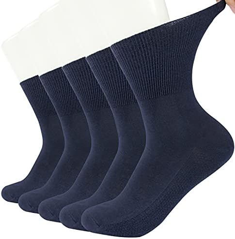 Diabetic Crew Socks for Women and Men with Diabetes Non Binding Loose Top Dress Socks 5 Pairs,Navy