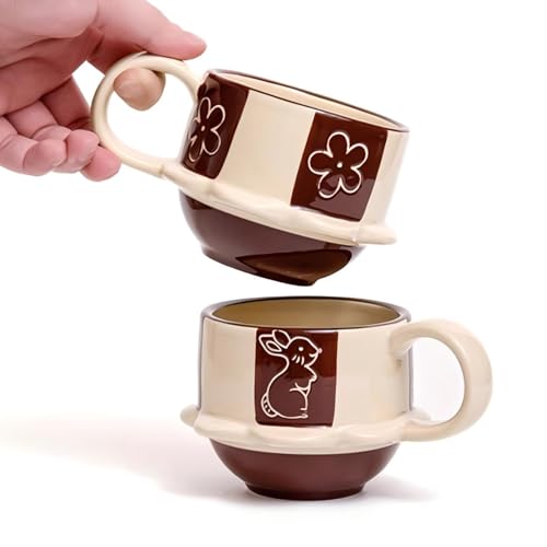 Tazas de café de cerámica, diseño de flores y conejos, ideales para leche, jugo, latte, té caliente, capuchino, moca, 8.5 onzas