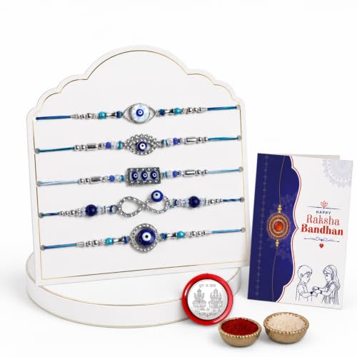 Image of Oblivion 5 Mixed Rakhi Combo for Bhaiya with Roli Tikka, Silver Color Pooja Coin & Greeting Card | Handmade Multicolor Beads Thread Design, Traditional Rakshabandhan Festive Gift Set, Pack of 8