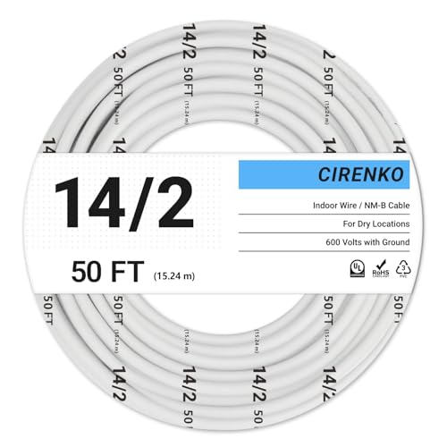 CIRENKO 14/2 NM-B Cable 50 FT UL Listed Residential Indoor Electrical Wire with Ground Solid Bare Copper 600V (White Jacket)