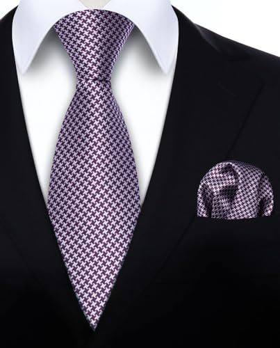 Image of HISDERN Ties for Men Solid Houndstooth Neckties Handkerchief Formal Business Tie & Pocket Square Set Wedding Party