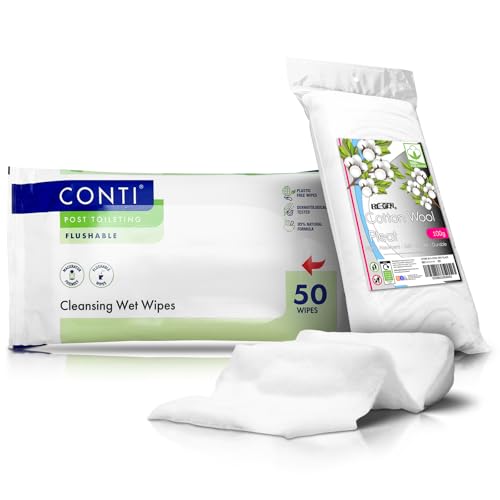 Conti Incontinence Wet Wipes Post Toileting Patient Cleansing Wipes 24x22cm Flushable/Macerator Friendly (50 Wipes Per Pack | Fragrance Free) Includes RE-GEN Cotton Pleat (50 Count - Pack of 12)