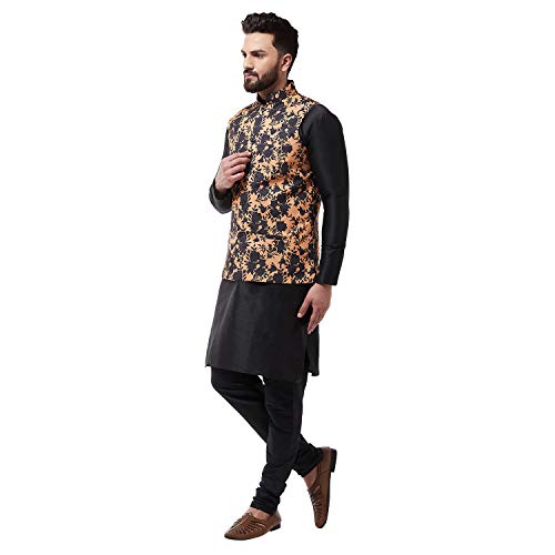 Image of SOJANYA (Since 1958 Men's Silk Blend Black Kurta Pyjama & Printed Nehrujacket Combo