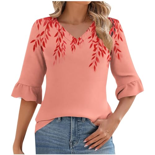 3/4 Length Sleeve Tshirts for Ladies Summer Fall V Neck Floral Graphic Loose Fit Peplum Tops Shirt Women 2025 Y2K
