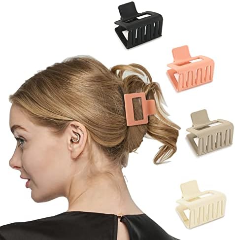SHEVIEW Small Square Hair Claw Clips 4-Pack, Non-slip Strong Grip, Neutral Matte Solid Color Hair Claws for Thin, Medium Hair, Women Girls Hair Styling Accessories, Includes Black, White, Khaki, Pink