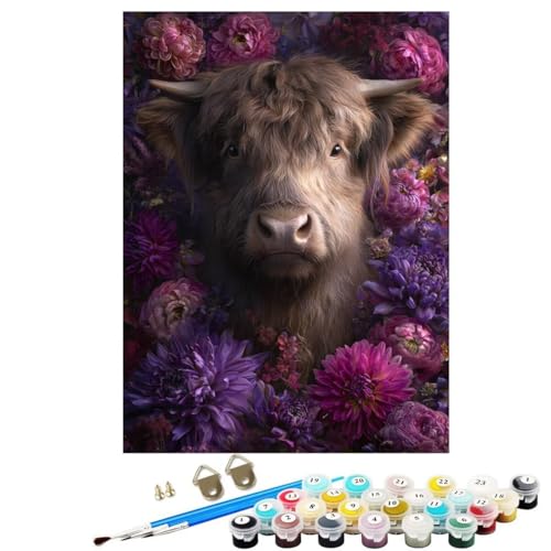 BEIJUYHU Dipingere con i Numeri Adulti Fiore Bue, DIY Quadri da Dipingere Numerati Bambini Principianti Kit Pittura, 36 Colori Acrilici e 3 Pennelli, Decora Signora Regalo 30x40cm con Telaio BJHDK967