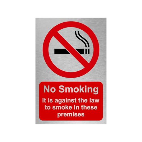 Slimline Aluminium No Smoking In These Premises Sign from ViroDisplay® – Brushed Silver 100 x 150mm – Durable Printed Surface – Self-Adhesive Fixing (1)