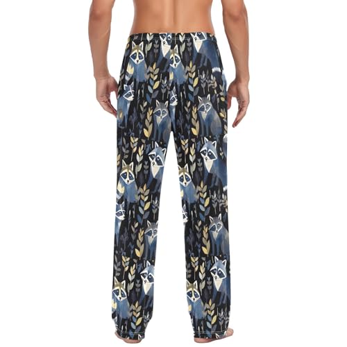 Men's Dark Black Raccoons Pajama Pants with Pockets - Straight Fit Cotton Sleep Bottoms for Lounge & Nightwear#7813
