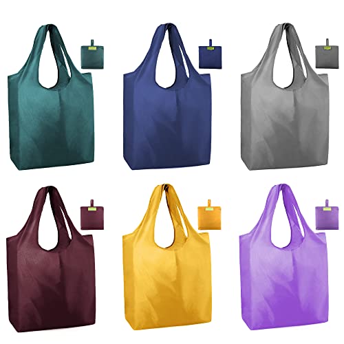 BeeGreen Reusable Grocery Bags 6 Pack Foldable Tote Bag For Women with Pouch Bulk X-Large 50Lbs Machine Washable Nylon Fabrics Grocery Bags Durable for Men Shopping Bags Tote Bag Yellow Purple Navy