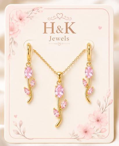 Image of H&K Jewels Elegant Pink Tulip Jewelry Set | 18k Gold Plated Necklace, Dangle Earrings & Bracelet | Gift for Wife, Girlfriend & Women|Anniversary, Party & Bridal Gift|Jewelry for Weddings & Special Occasions