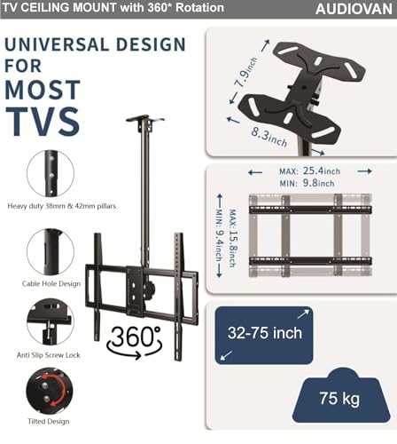 Image of Audiovan 360 Degree Rotate TV Ceiling Mount for 32-65 Inches LED LCD & Plasma TV Movable Swivel Bracket (AVT-360 Ceiling)