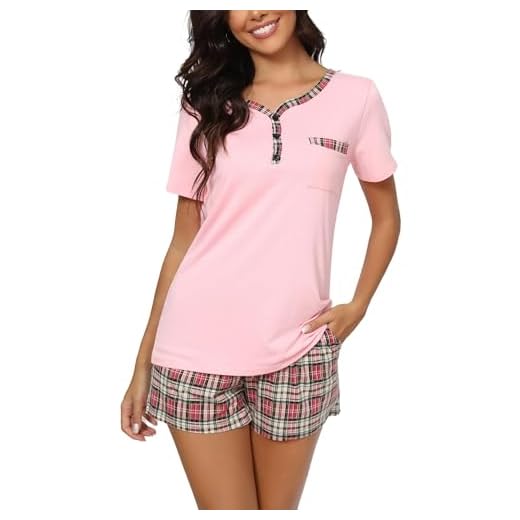 Yukiuiny Pijamas Mujer Verano Algodón Cortos Conjunto de Pijamas Ropa de Casa Dormir de Manga Corta Cuello V Cuadros Pantalones Top de Dormir Casual Cómodo B-Rosa+Cuadros XL