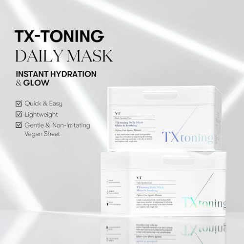 Image of VT COSMETICS TX Toning Daily Mask 30 Sheets, Tranexamic Acid, Niacinamide, Glutathione for Acne Scars, Dark Spots, Sun Spots, Hydrating & Glowing Facial Mask, Fragrance-Free, Korean Face Mask