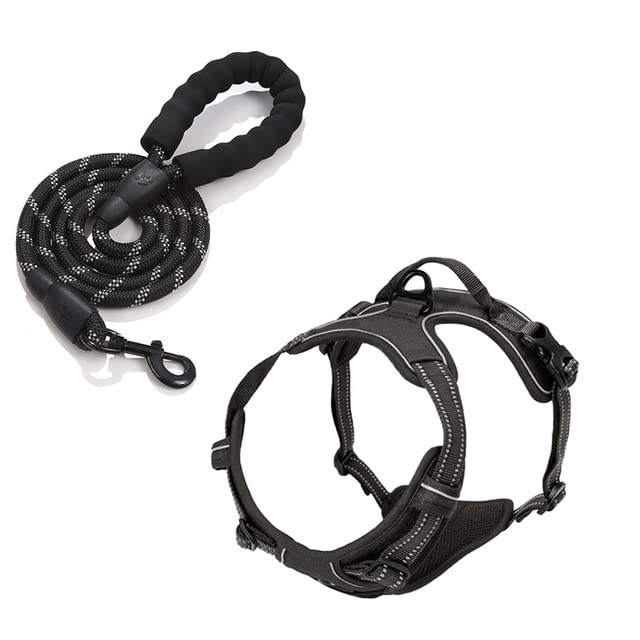 Arnés Pechera antitirones con Correa incluida para Perro Grande o Mediano. Arnés homologado Adaptable para Viajar en Coche. Adiestramiento. Collar Chaleco Acolchado, traspirable, Ajustable en Negro