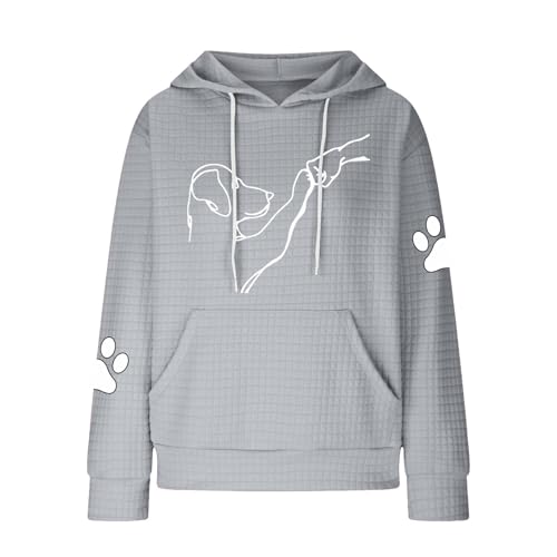 Generisch Hoody Damen Sweatshirts Drawstring Baggy Pullover Langarm Mit Hundemotiv Oversize Mantel Herbst Kapuzenhoodie Tasche Gym 01-Grau XL