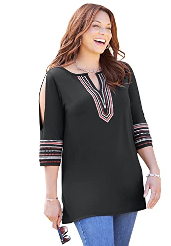 Catherines Women's Plus Size Embroidered Split Sleeve Tunic - 3X, Black Embroidery (6505) #TOP10