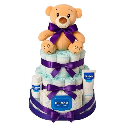 Tarta de pañales DODOT MUSTELA morado (Talla 2 (3-6 kg)) by MomentosGourmet. Regalo para bebé muy práctico. Cesta Canastilla recién nacido. Diaper Cake