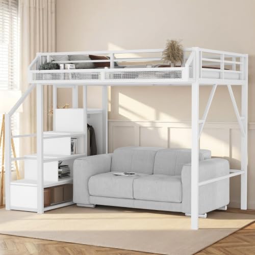 Full Size Loft Bed with Built-in Storage Stairs and Wardrobe