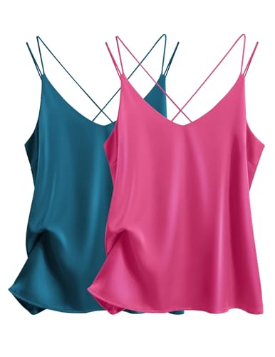 Image of Ekouaer Womens 2-Pack Silk Satin Camisole Tank Top V Neck Sexy Cross Back Spaghetti Strap Cami Sleeveless Lounge Tops S-XXL