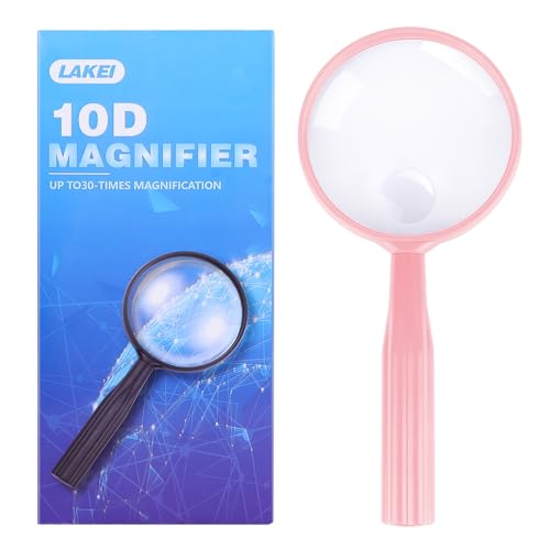 Lakei Magnifying Glass,10X 30X Handheld Reading Magnifying Glass? 75mm Shatter Resistant Lens, Non-Slip Handle, Suitable for Elderly Reading, Adults Close Work, Hobbies and Science (Pink)