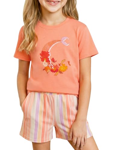 Haloumoning Schlafanzug Mädchen Sommer Kurzarm Pyjama Set Rundhals Niedlich Druck T-Shirt und Shorts Set Casual Weich Loungewear Set Zweiteiliger Nachtwäsche Orange 9-10 Jahre