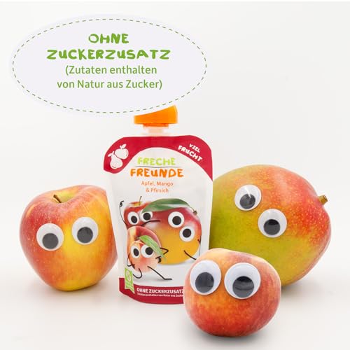 FRECHE FREUNDE Bio Quetschie Apfel, Mango & Pfirsich, Fruchtmus mit Obst im Quetschbeutel für Babys ab dem 6. Monat, vegan, 6er Pack (6 x 100g)