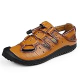 Xingyue Aile pantoffels & sandalen watersandalen in de buitenlucht voor mannen, snoeren bovenaan Art-PU-leren schoen-holle anti-botsingtenen-pure kleurenschoenen (kleur: geelbruin, maat: 42 EU)