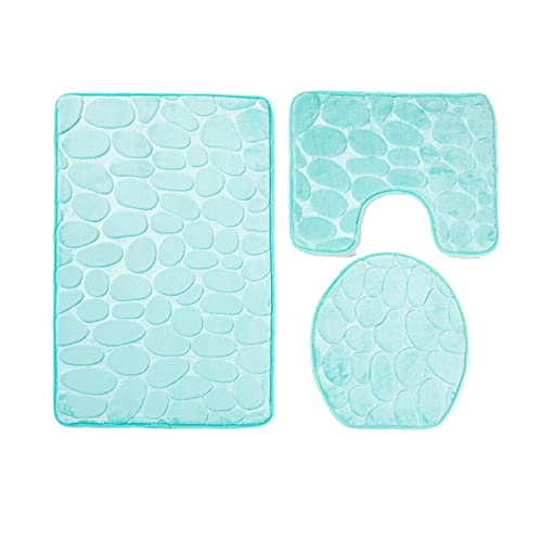 Lifup Badematte 3er Set, Weiche rutschfeste Wasserabsorbierend Badezimmermatte Duschvorleger, 1 Badezimmer Teppiche, 1 Toilettenmatte, 1 Toilettensitzbezug Türkis